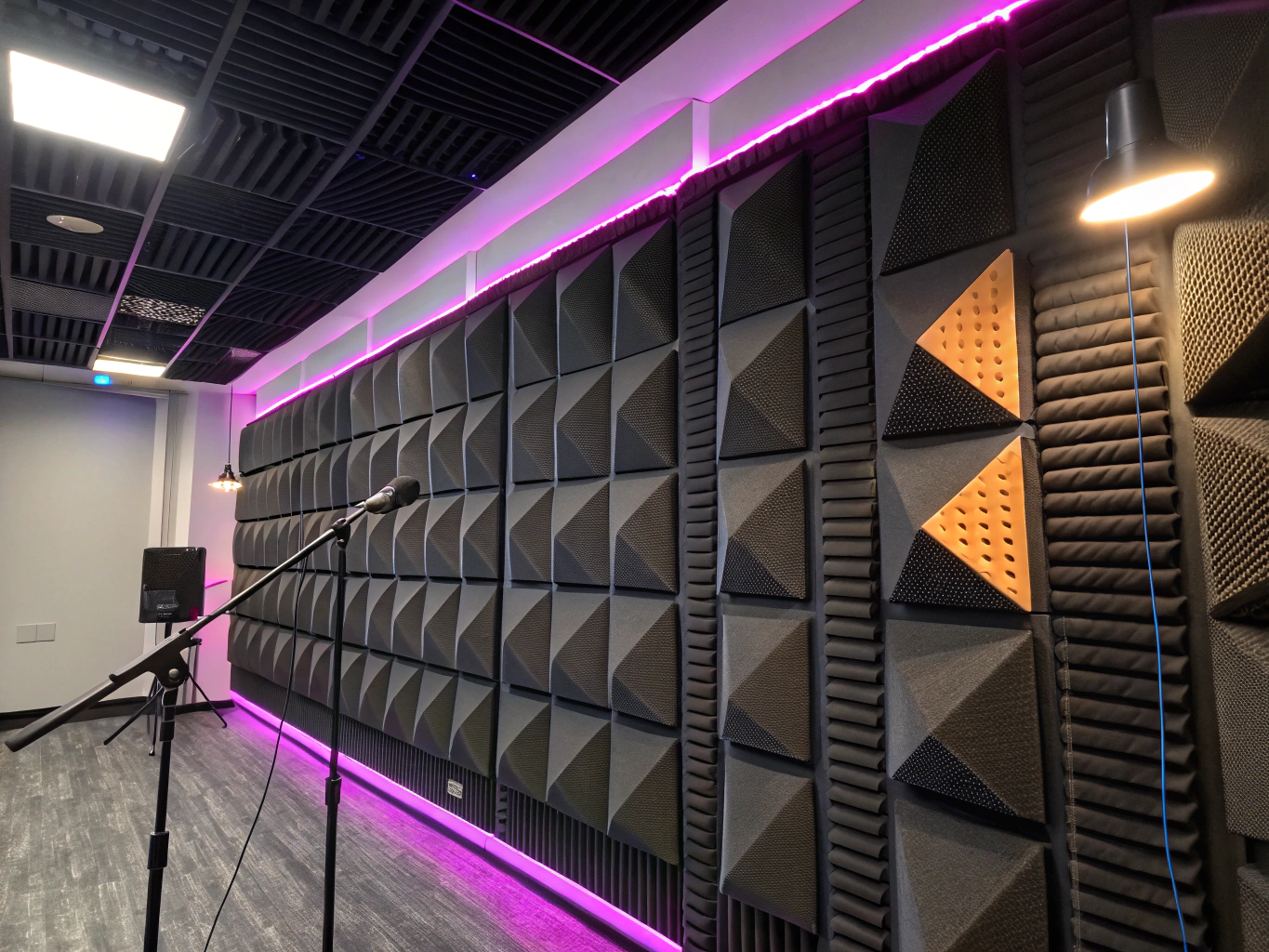 Acoustically treated studio space with geometric wood acoustic baffles and soft lighting