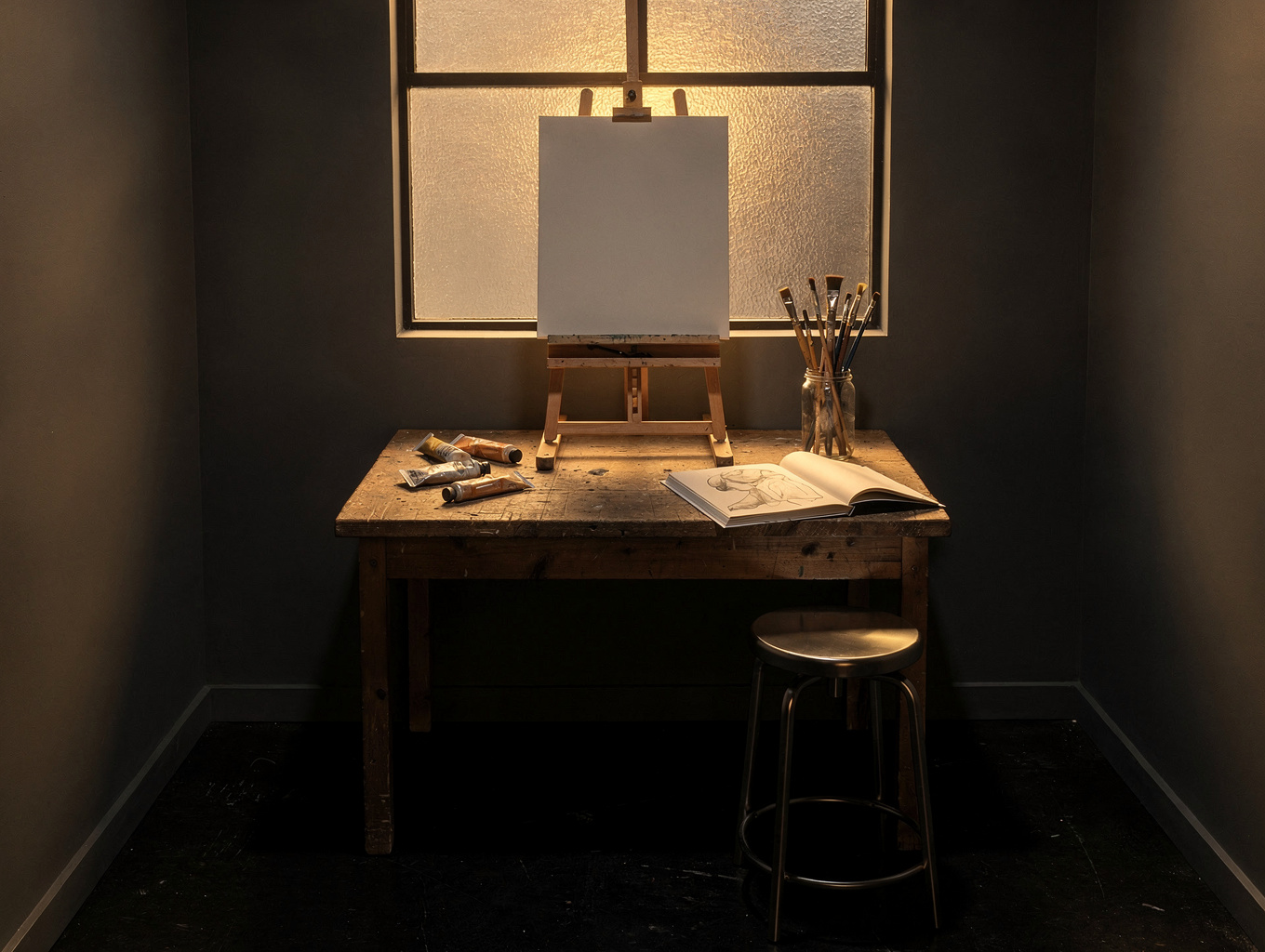 Moody artist studio with raw concrete pillars and warm low-slung table lamps