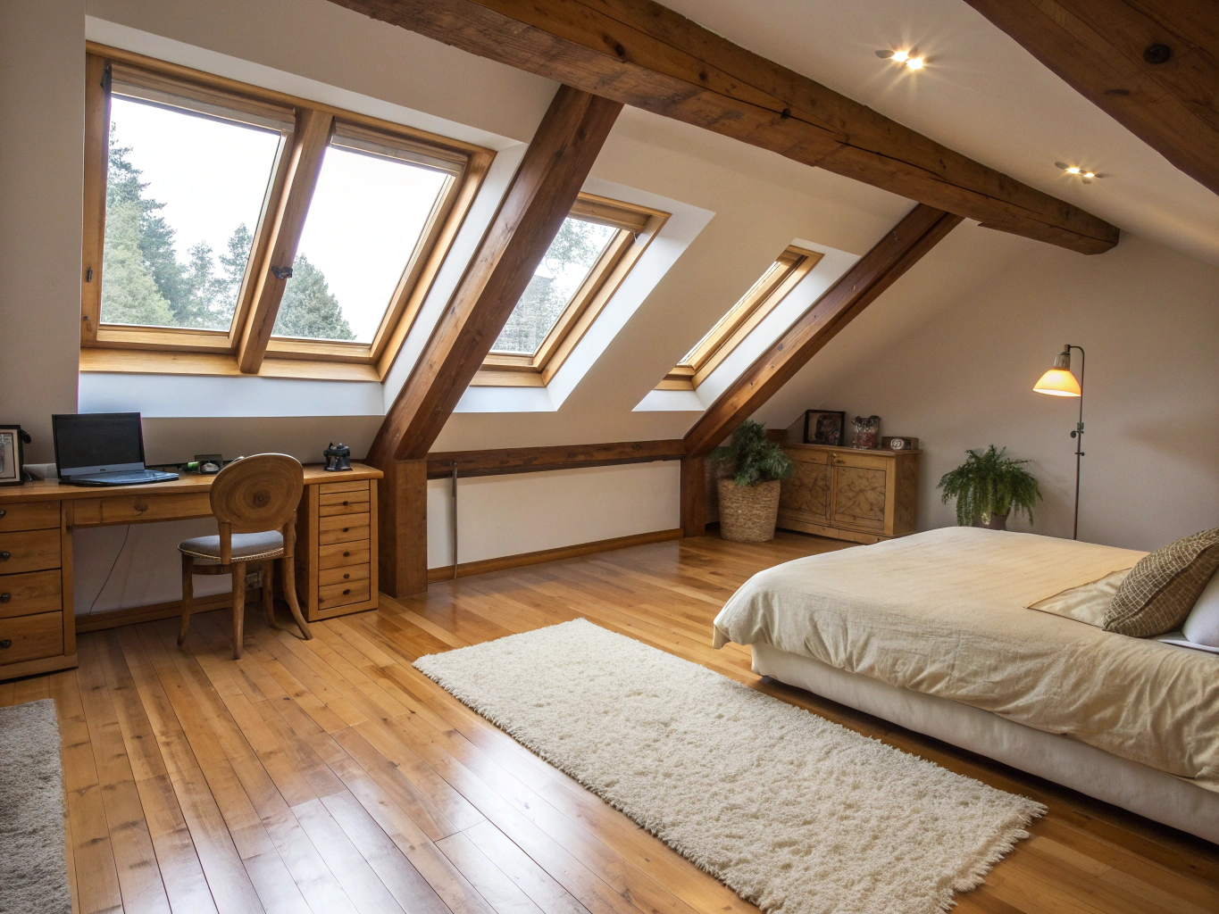 Warm twilight lighting inside an attic studio with sloped timber beams