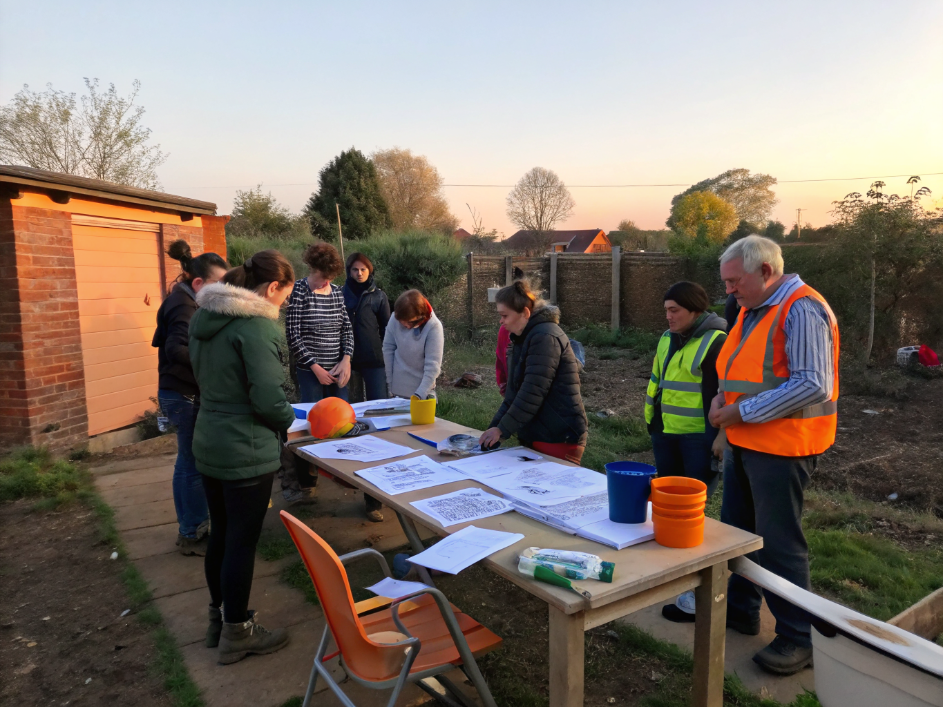 Hands assembling timber community garden planters in moody outdoor twilight