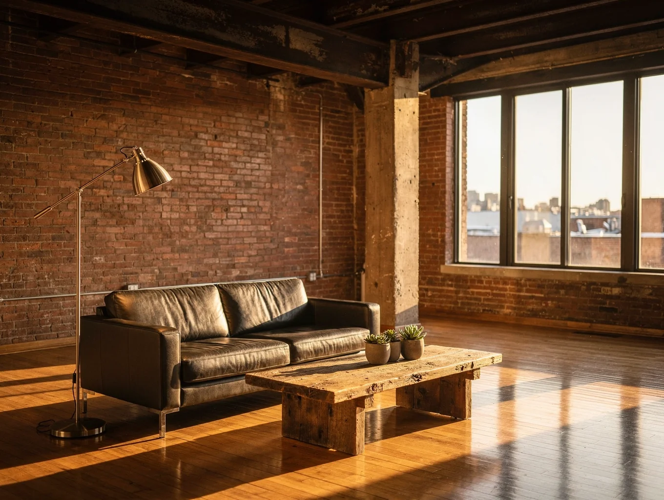 Intimate nocturnal loft living room with dark wood accents and large windows