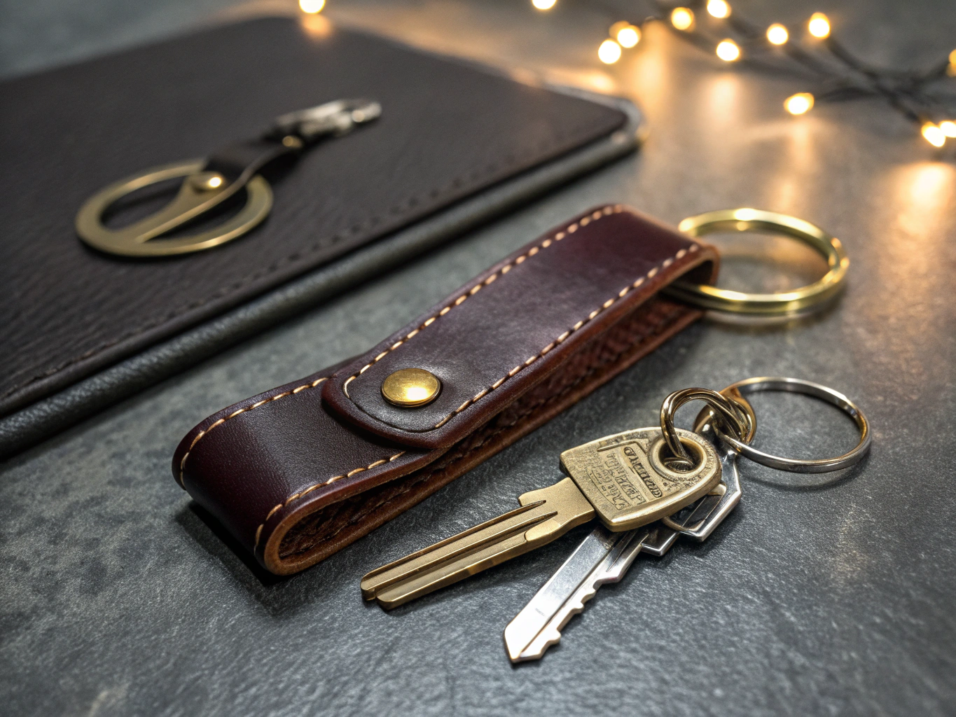 Leather key pouch and brass keychain resting gently on a street bench at dusk