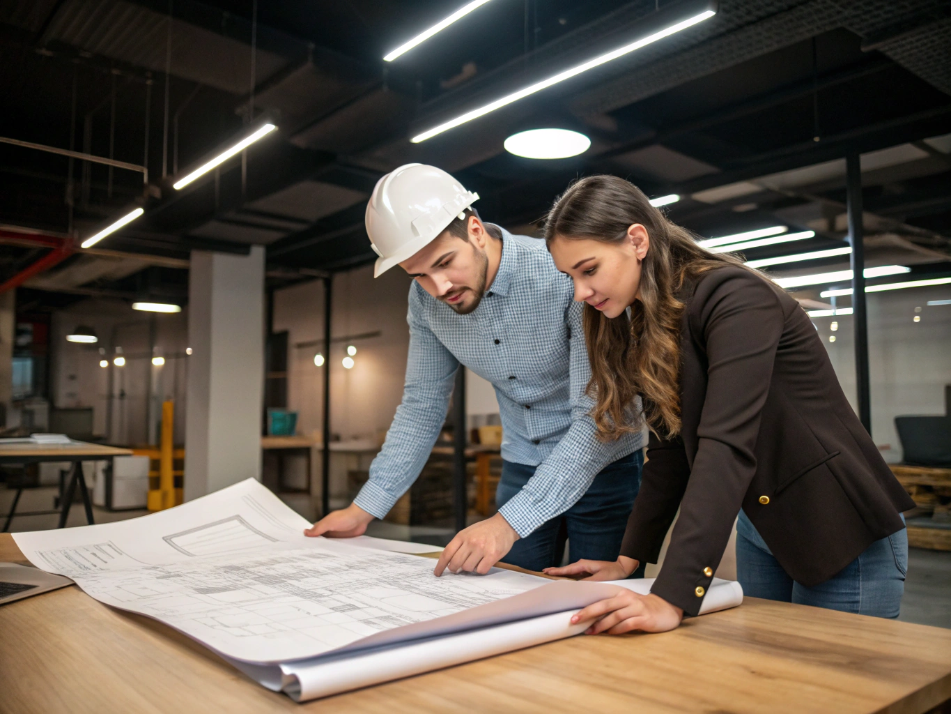 Two collaborators discussing architectural blueprints under warm focused lamps