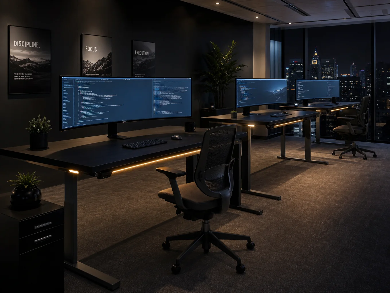 Serene architectural workspace interior illuminated by directional evening sidelight