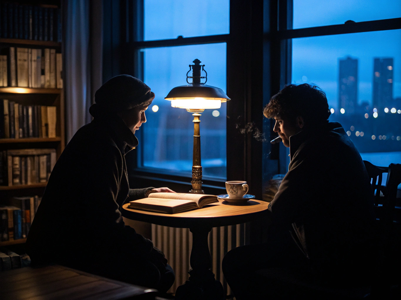 Two collaborators in discussion across a warm table at dusk