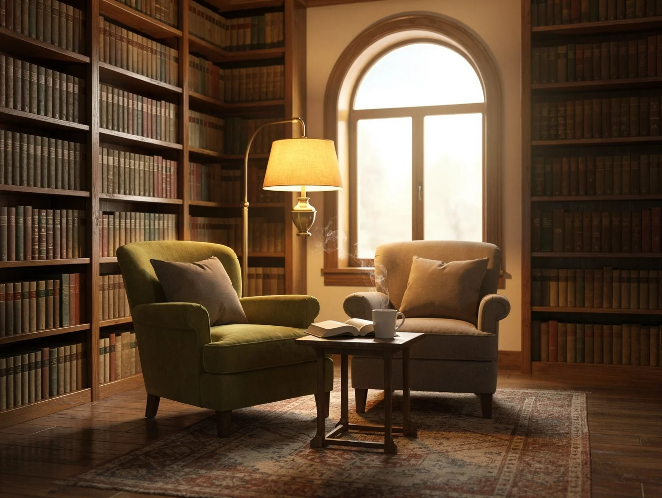 Peaceful community reading room with booklined walls and warm ambient illumination