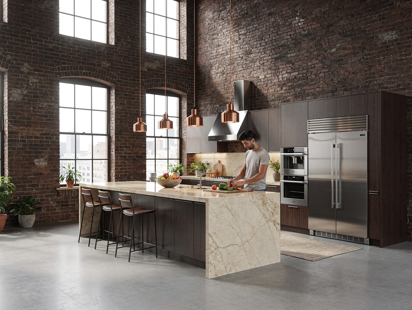Converted brick warehouse apartment with floor-to-ceiling windows