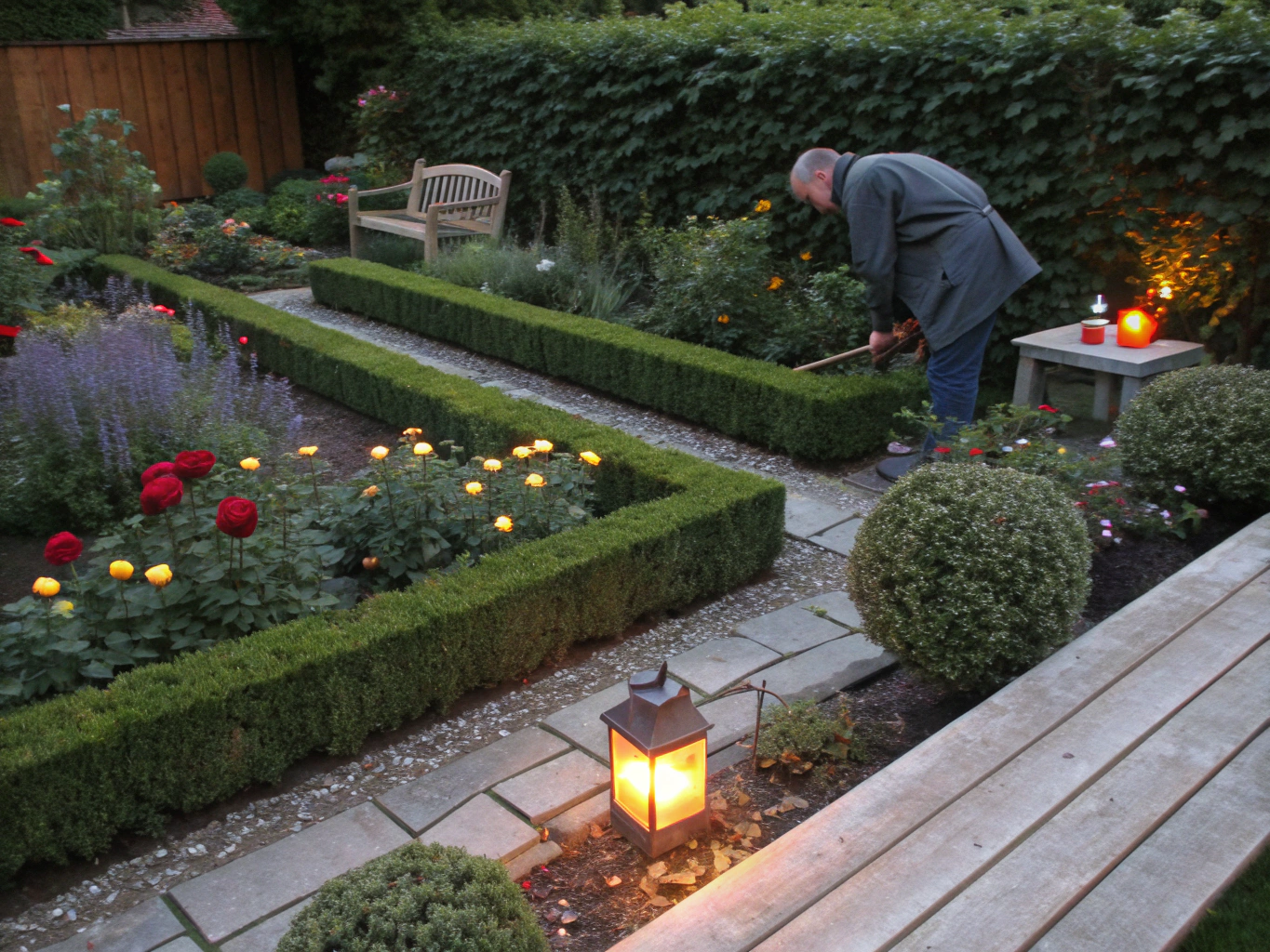 Sunlit residential garden with lush green planting