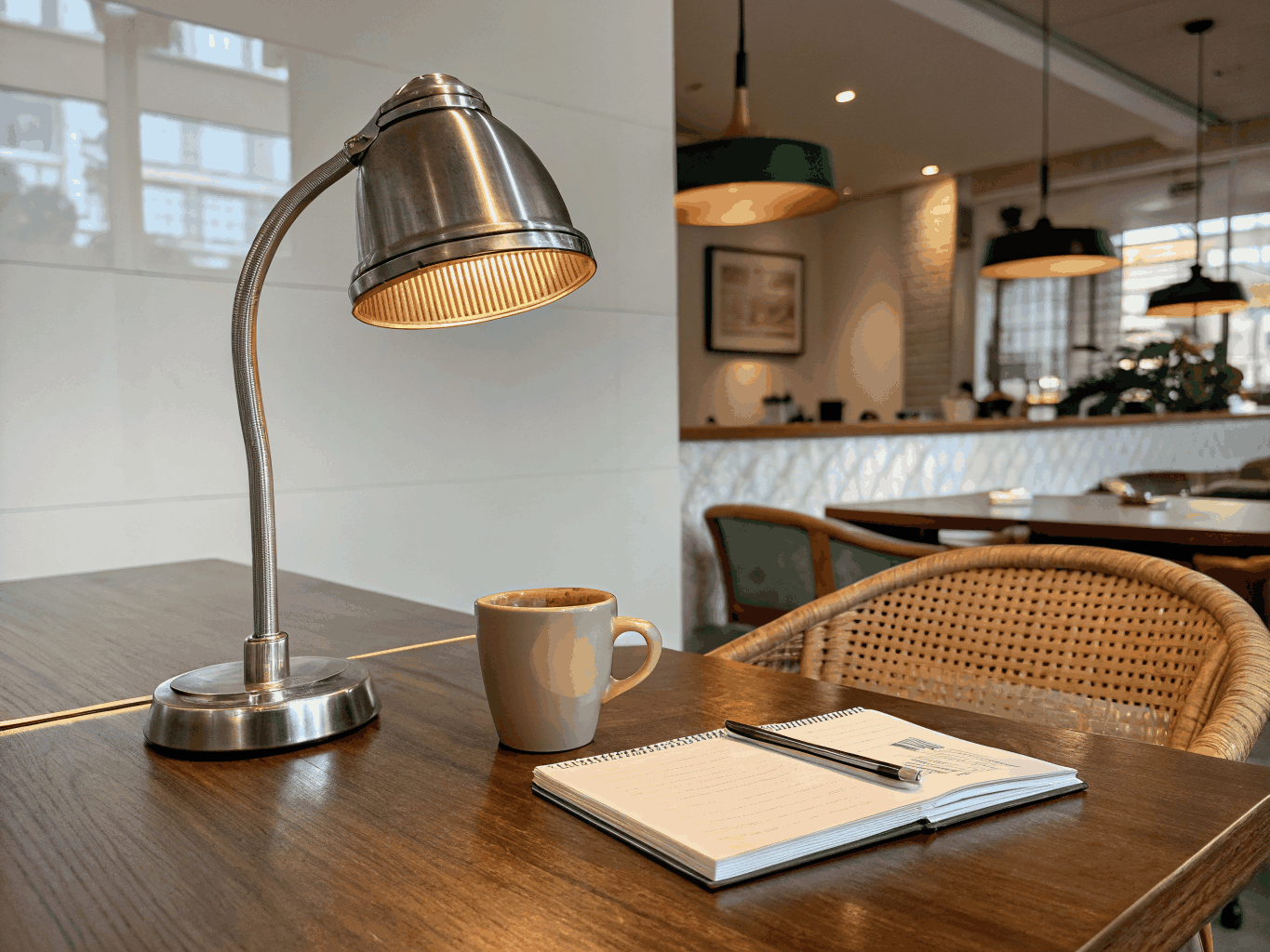 Notebook and warm beverage on a wooden study table