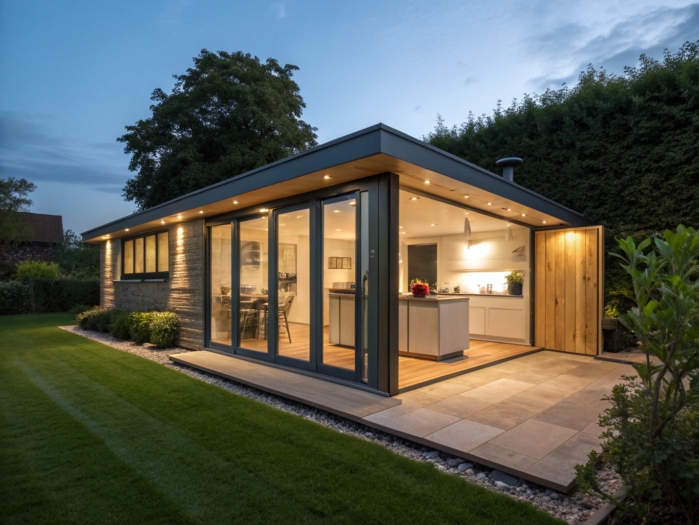 Exterior view of mid-century garden flat with lush planting at dusk