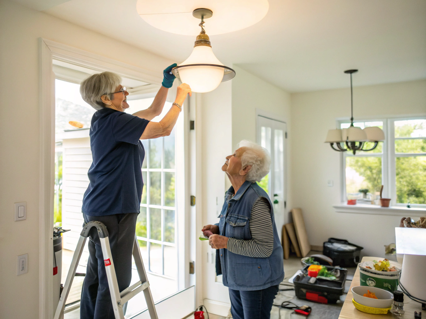 A neighbor helping an elderly resident repair domestic furniture under warm evening lamplight