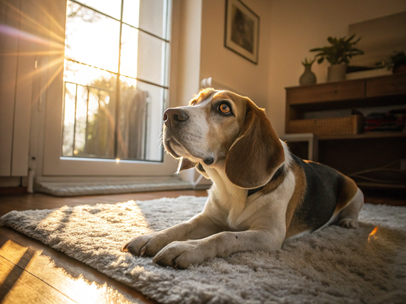 Friendly beagle resting quietly on a home rug
