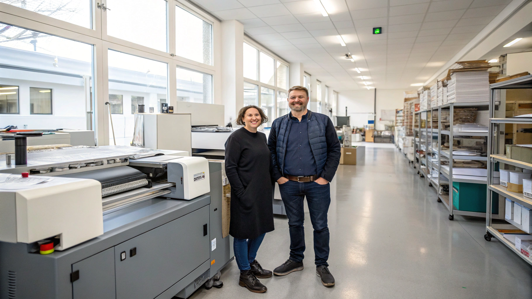 Two collaborators restoring an antique printing press together