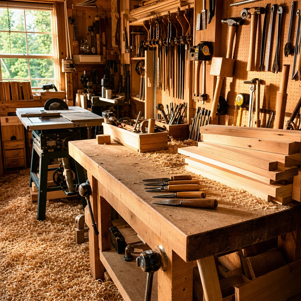 David inspecting timber in woodworking shop