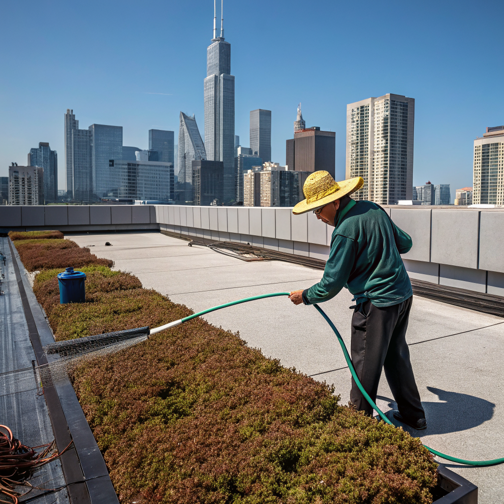Marcus tending rooftop garden under sunset sky