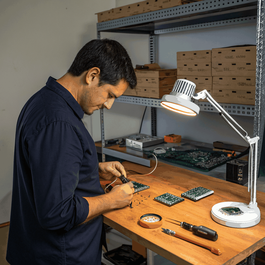 Ramiro testing circuit board under focused light