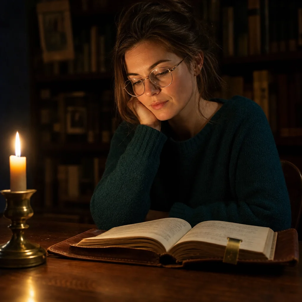 Sora reading by studio lamp light