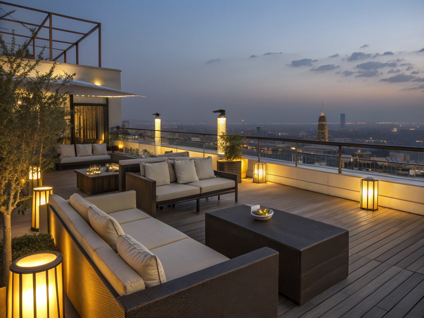 Rooftop glasshouse lounge overlooking glowing nocturnal city lights through mist