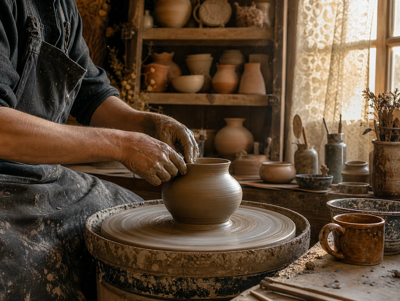 Crafters shaping clay pottery in a sunlit corner workshop