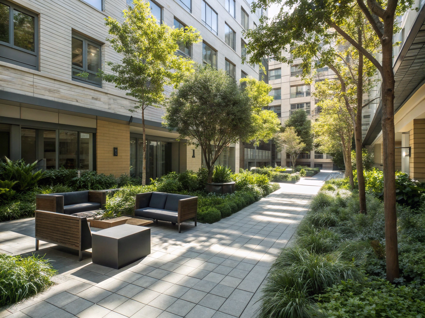Architectural courtyard loft with reflective stone tiles at dusk