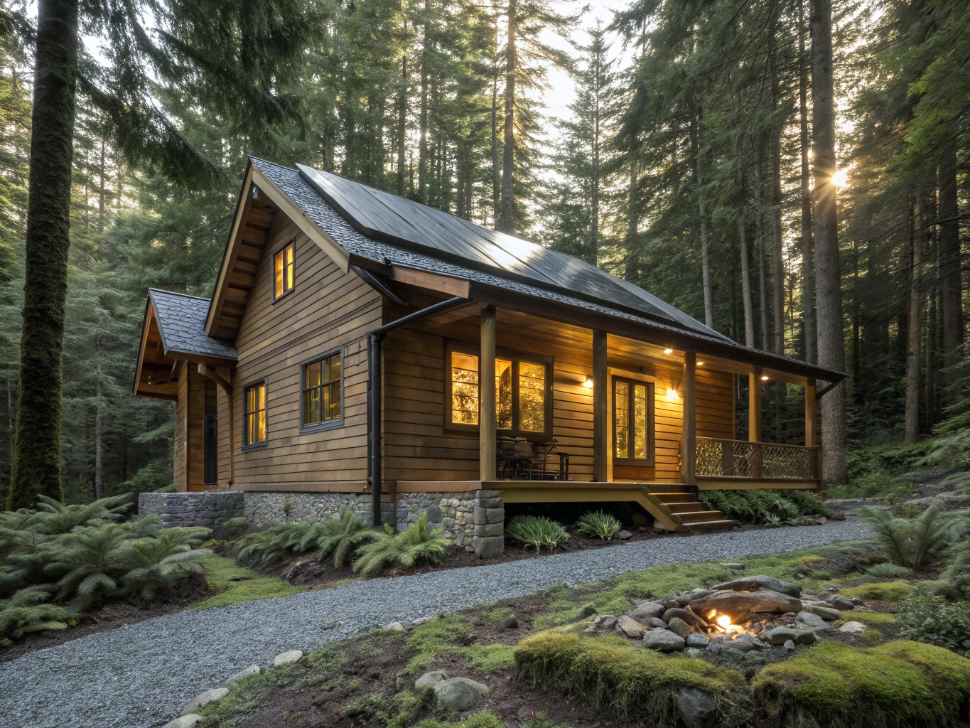 Timber cabin illuminated by warm interior lamps at twilight