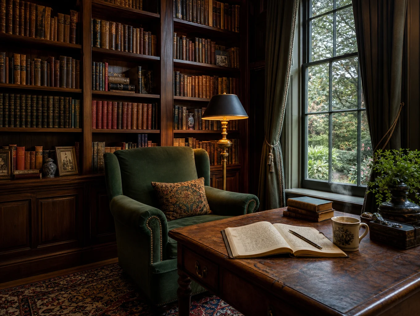 Floor-to-ceiling dark timber shelves with warm reading lamps in a quiet library loft